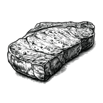 Beef steak, black and white vector illustration, sketch ink drawing, cross-hatching vintage art isolated on transparent background