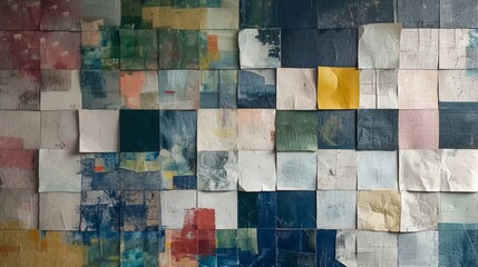 A mural of paper squares, each painted with a fragment of a larger, hidden abstract painting, inviting curiosity