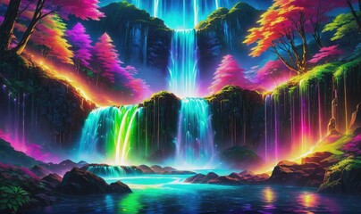 A poster for a waterfall that is lit up with neon colors.