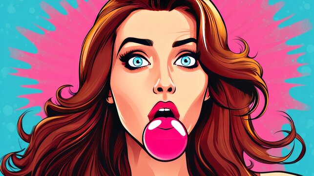 A girl blows bubblegum in the style of pop art