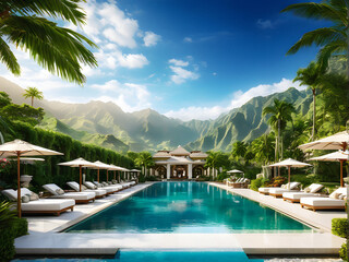 Obraz premium Mountain Oasis Retreat: Luxurious Pool Haven Amidst Majestic Landscapes. generative AI