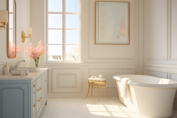 Fototapeta na wymiar Sunlit bathroom with French Country flair complete