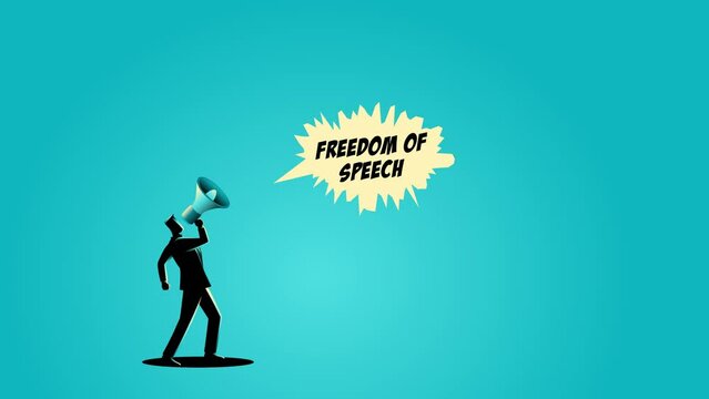 Motion graphics of a giant army boot trampling on a man using a megaphone shouting for freedom of speech, dictator, authority concept