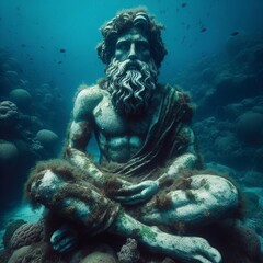 Archeological statue sitting underwater