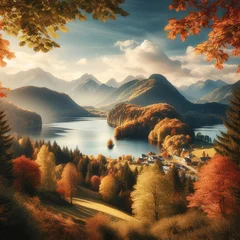 Gordijnen Autumn landscape with lake and mountains in the background Lake in the mountains © Doru