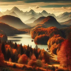 Fotobehang Autumn landscape with lake and mountains in the background Lake in the mountains © Doru