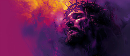 Suffering Christ with a crown of thorns. Purple artwork with halftone effects