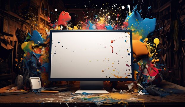 computer monitor with colorful splashes