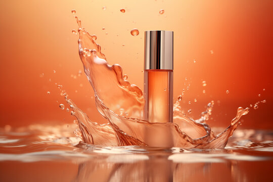 parfum/ cosmetic blank generic bottle splashing in water, orange background.unbranded