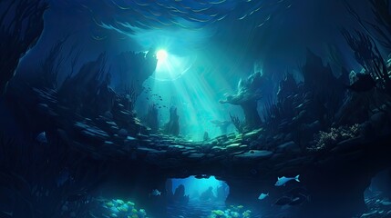 Fototapeta na wymiar Submerged Wonders: Glowing Depths and Majestic Mountains of the Underwater World