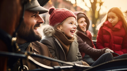 Parents and children enjoying a scenic horse-drawn carriage ride,  experiencing a timeless charm