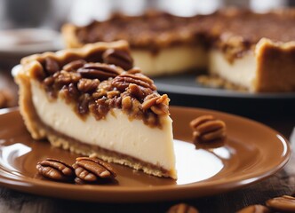 Slice of pecan pie cheesecake dessert, fall season baking, Thanksgiving
