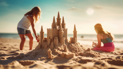 A family from various backgrounds having a joyful beach day,  building sandcastles