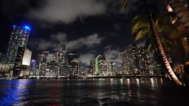 Miami downtown skyline at night 4k from Brickell Key