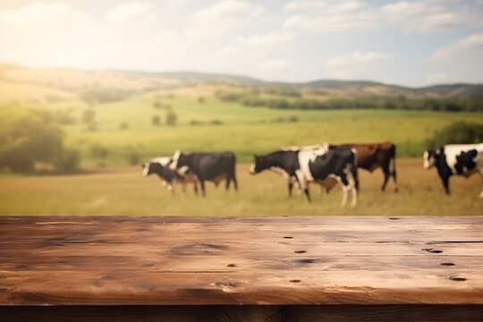 empty table wooden top with blur farm background