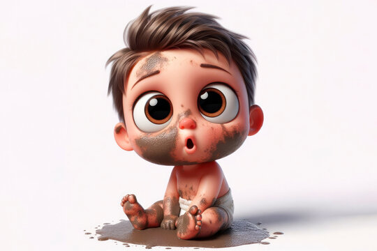 3d surprised dirty newborn baby with bulging big eyes food stained isolated on solid white background. ai generative