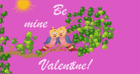 Two beautiful little birds hugging on a tree branch. Be mine valentine text. Vector illustration.