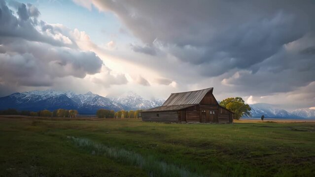 Rustic Solitude: An Old Western Barn Against a Backdrop of Teton Mountain Majesty at Dusk, Timelapse

