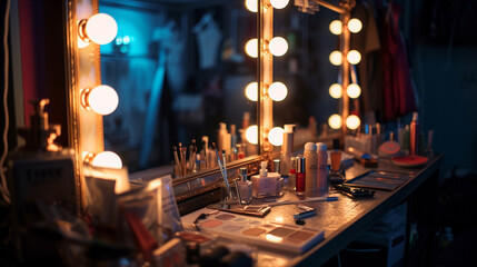 Hollywood style dressing room backstage. mirror, yellow and blue bulb and make up brush on the dressing table. - obrazy, fototapety, plakaty