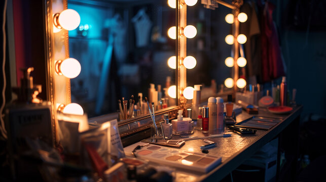 Hollywood style dressing room backstage. mirror, yellow and blue bulb and make up brush on the dressing table.