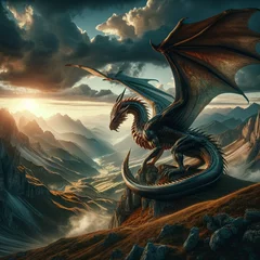 Cercles muraux Montagnes Majestic dragon perched on mountain peak overlooking breathtaking landscape
