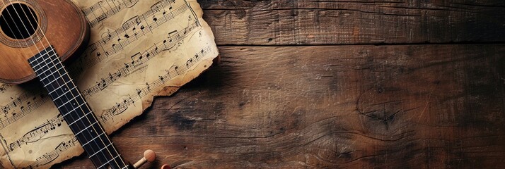 acoustic guitar and sheet music on wooden tabletop with copy space