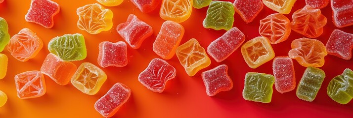 Colorful candies with copy space on solid background