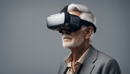 portrait of a grey-haired old man wearing virtual reality glasses, isolated grey background
