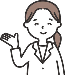 白衣を着た女性がこちらと案内するイラスト