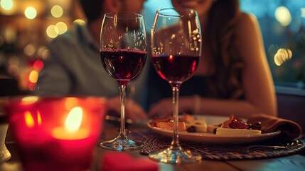 Young happy couple on a romantic date in a restaurant by candlelight, drinking wine by candlelight, roses on the table. Valentine's day background