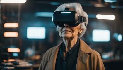 portrait of a grey-haired old woman wearing virtual reality glasses in a technological room
