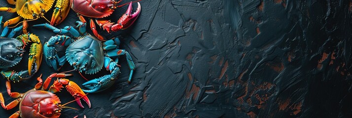 Colorful crabs on solid background with copy space - obrazy, fototapety, plakaty