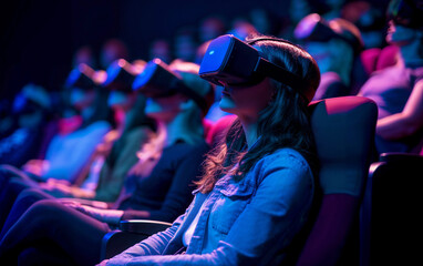 3D cinema with people watching movie sitting in armchairs wearing VR glasses. Virtual reality cinema, with a group of people wearing VR glasses while watching modern movie