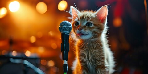 Cute kitten singing with a microphone on a red background - obrazy, fototapety, plakaty
