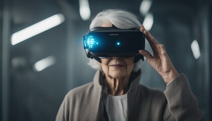 portrait of a grey haired old woman wearing virtual reality glasses in a technological room

