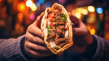 A street food vendor is holding food with their hands. - obrazy, fototapety, plakaty
