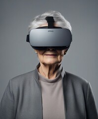 portrait of a grey-haired old woman wearing virtual reality glasses, isolated grey background
