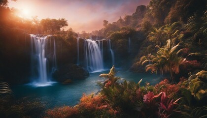 Alien World Waterfall, a waterfall on an alien world, with exotic vegetation and a twin sunset