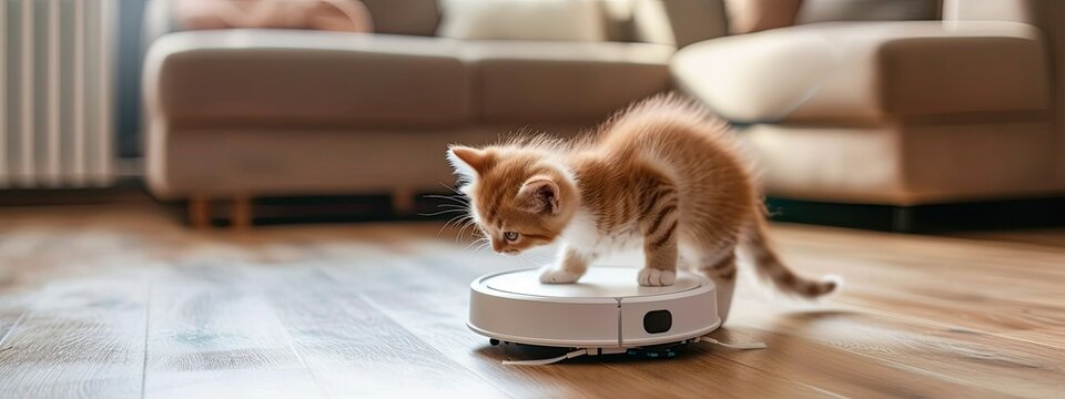 Adorable Kitten Mesmerized by Robot Vacuum's Cleaning Abilities