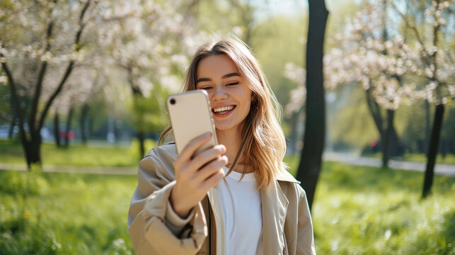 A young woman takes a selfie, video broadcast from social networks, takes photographs on a smartphone in a park with blossoming trees. Spring weekend leisure