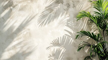Abstract spring and summer background on the texture of a gray empty monochrome concrete wall with a shadow from palm leaves on a sunny day.