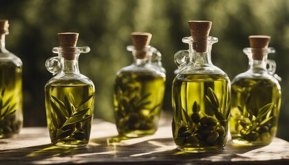 Artisanal Olive Oil, elegant bottles of green-tinted olive oil, the shadows creating a pattern