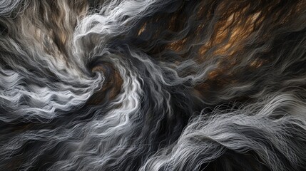 An abstract representation of a thunderstorm, made with swirling silver and bronze metal fibers