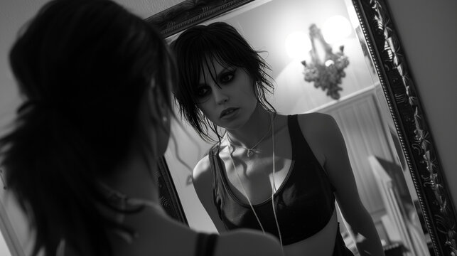 A black-haired, angsty teenage girl looks in the mirror. A black and white art photograph