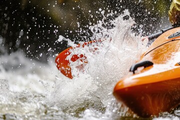 Thrilling Action: Capturing the Intensity of Water Splashing Against a Kayak - obrazy, fototapety, plakaty