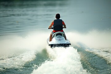 Fototapeta na wymiar Thrilling Wake Trail: Captivating Rear View of a Jet Skier in Action