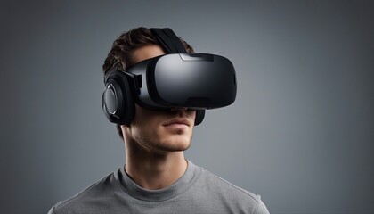 portrait of a student wearing virtual reality glasses, isolated grey background
