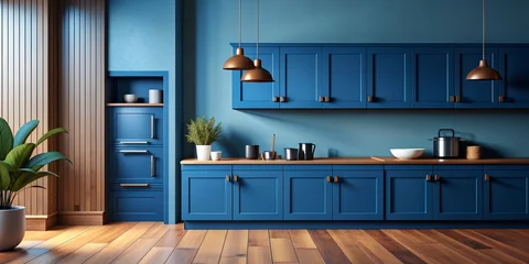 Foto op Plexiglas Mockup Dark Blue wall in kitchen and minimalist interior design. Open space kitchen concept. 3d rendering © graphicfest_x