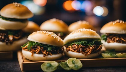 Bao Buns Variety, a variety of filled bao buns, presented in a vibrant, modern Asian street food