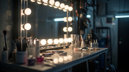 superstar style dressing room backstage. mirror, yellow bulb and make up brush on the dressing table.